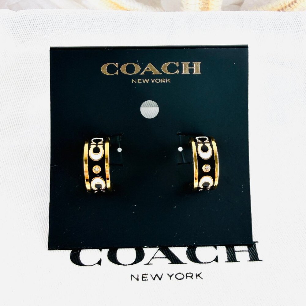 New Coach Signature black enamel huggie Gold earrings